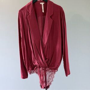 Free People Burgundy Lace Trim Wrap-Style Bodysuit Top